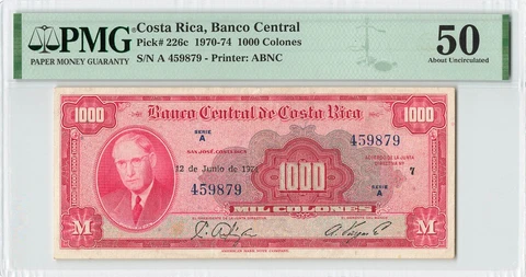 COSTA RICA 1000 Colones, 12 Junio 1974, P-226c, Scarce Type, PMG 50 About UNC Cover
