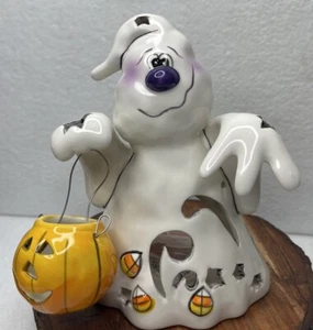 Blue Sky Clay Goldminc Halloween Ghost W/Pumpkin Tealight Candle Holder - Picture 1 of 3