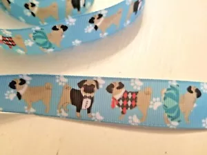Pugs Little Puppies Dog Fashion Blue Grossgrain Ribbon Designer DIY Bows 22mm - Picture 1 of 4