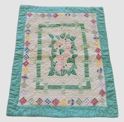 Quilted Floral with Green Fence Standard Pillow Shams 24" x 29" Set of 2 VTG 70s - Image 1 of 4