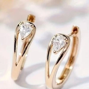 Pear Cut Real Two Moissanite Women's Hoop Earrings 14K Yellow Gold Plated - Picture 1 of 7