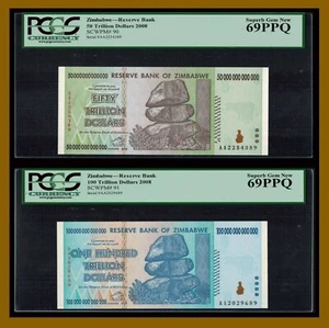 Zimbabwe 50 100 Trillion Dollars Pair Set, 2008 AA P-90/91 PCGS 69 PPQ - Picture 1 of 5