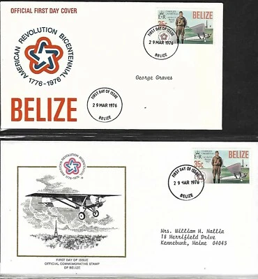 BELIZE 1976 2 FDCs CHARLES LINDBERGH "SPIRIT OF ST LOUIS" AMERICAN BICENTENNIAL - Image 1 of 2