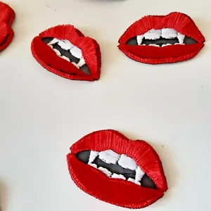Lips with Vampire Teeth Handmade Embroidered Patches Set - Picture 1 of 8