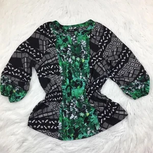 STYLE & CO Women's Petite M Blouse Geometric Y-Neck Cinched Waist ¾ Sleeve - Picture 1 of 8