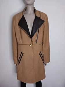 Iman tan wool coat size Large Long Jacket Double Breasted Zippers Deco L - Picture 1 of 20
