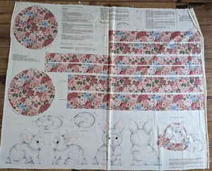 VTG Fabrics White Rabbits Bunnies 9" in Floral Basket Fabric Panel Decor or Toy - Picture 1 of 2