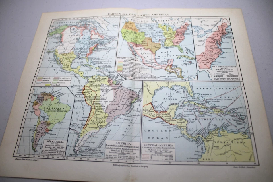 Mapa en color de Meyers c1899 ~ hemisferio occidental ~ mapas de historia de américa Foto 1 de 1