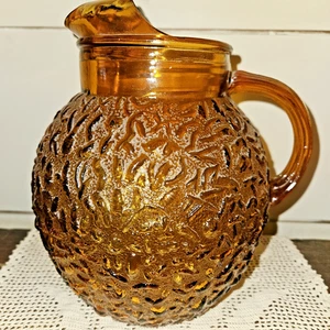 Vintage Amber Crinkle Glass Ball Pitcher Anchor Hocking Lido Ice Lip - Picture 1 of 7