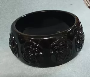 Brazalete Brazalete Vintage Tallado Negro Ancho 1.5" Grueso Floral Rosa 8" 82g - Imagen 1 de 3