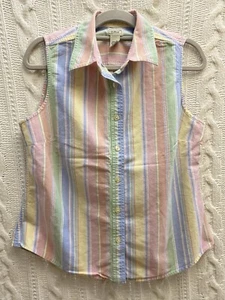 L.L. Bean Size M Sleeveless 100% Cotton Pastel Rainbow Stripe Button Down Preppy - Picture 1 of 9