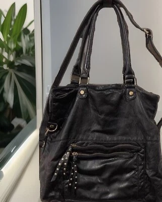 Linea Pelle Leather Handbag Zippered Double Handle Black - Image 1 of 4