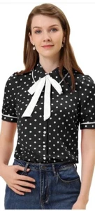 Women's Polka Dots Peter Pan Collar Tie Neck Short Sleeve Shirt Top - Picture 1 of 5