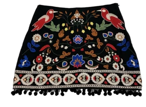 Umgee Skirt Womens Medium Black Mini Embroidered Bird Flowers Pompom Edge - Picture 1 of 10