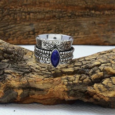 Blu Lapislazzuli Gemma 925 Argento Sterling Spinner Mano Anello Tutte le Misure - Immagine 1 di 3
