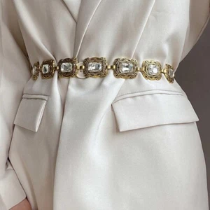 Vintage Gold Metal Rhinestone Chain Belt Square Chain Belt Retro Waist Chain - Picture 1 of 7