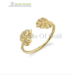 Real Diamond tiny double Monstera leaf ring 14k Yellow Gold Party Wear Jewelry - Picture 1 of 5