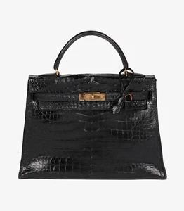 Hermès Black Shiny Porosus Crocodile Leather Vintage Kelly 32cm Sellier - Picture 1 of 8