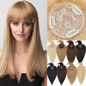 100% Human Hair Topper With Bang Clip in Top Women Hairpiece Toupee Mono w/Bangs