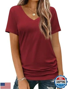 HOTOUCH Women T Shirt Short Sleeve V-Neck Tee Tops Blouse Burgundy Tshirt Bas - Picture 1 of 5