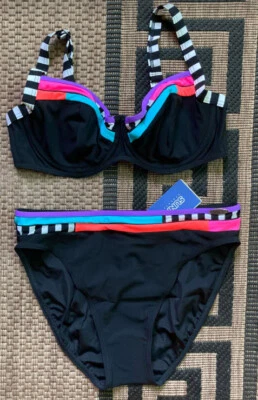 NEU BÜGEL BIKINI MIEDERVERSTÄRKT KONTRASTSTREIFEN 36 38 E SUNFLAIR black *810213