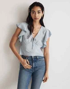 NWT Madewell Tie Front Flutter Sleeve Top 8 Weathered Sky Blue V-Neck NO768 New - Picture 1 of 7