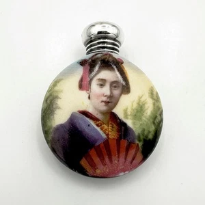 SILVER MOUNTED PORCELAIN SCENT BOTTLE GEISHA EDWARDIAN Birmingham 1905 - Picture 1 of 7