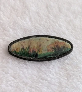 Vintage Brosche handbemalt auf Seide Landschaft Design Vogel Blumen oval antik - Bild 1 von 11