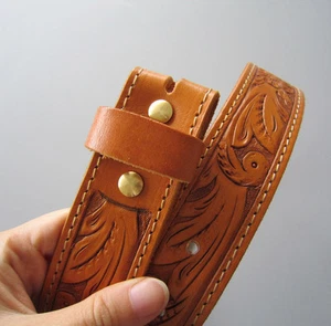 Light Coffee Hand Crafted Western Flowers Solid Real Leather Belt W Brass Screws - Picture 1 of 11