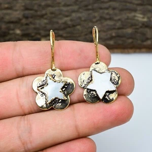 18k Gold Plated Mother Of Pear Gemstone 925 Silver Electroforming Star Earrings - Picture 1 of 4