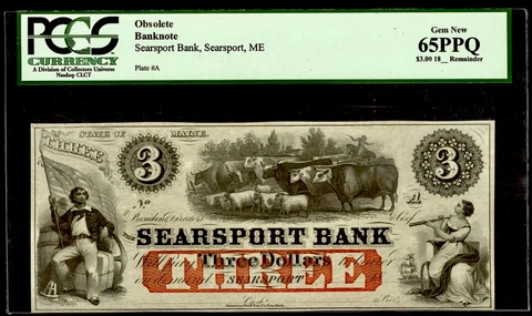 1860’s Maine Searsport Bank $3 Note Haxby 540-G6c PCGS Gem New 65 PPQ Cover