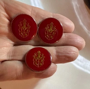 3 Vintage Buttons Red & Gold Enameled Coat of Arms Crest Shank Buttons 3/4" - Picture 1 of 6