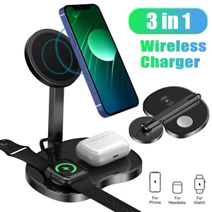 Magnetic Charger For iPhone iWatch Air Pods 3in1 Wireless Charging Station Dock - Picture 1 of 9