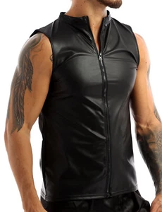 Men's PVC Wet Look Leather Sleeveless Vest T-Shirt Undershirt Tank Top Clubwear - Picture 1 of 18