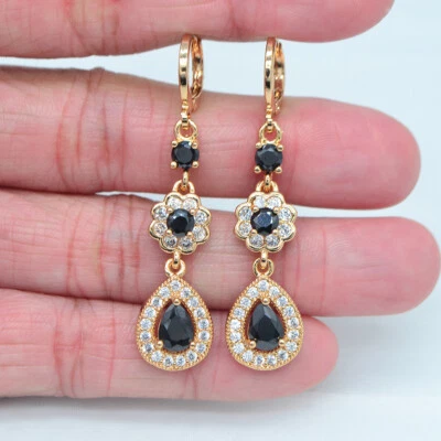 18K Yellow Gold Filled Women Luxury Blue Topaz Water Drop Wedding Earrings - Image 1 of 4