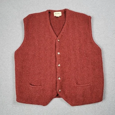 Vintage Eddie Bauer Cardigan Sweater Vest Men XL Red 90s Y2K Wool Herringbone - Image 1 of 4