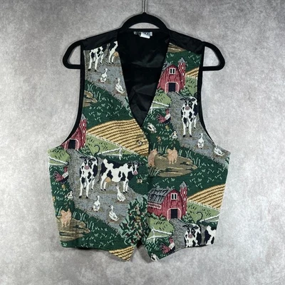 Vintage VRG Sport Tapestry Vest Womens Large Farm Scene Barn Animals Cows Artsy - Image 1 of 4