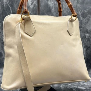 GUCCI 2-Way Shoulder Bag White Leather Bamboo Gold Hardware Excellent Used - Picture 1 of 10