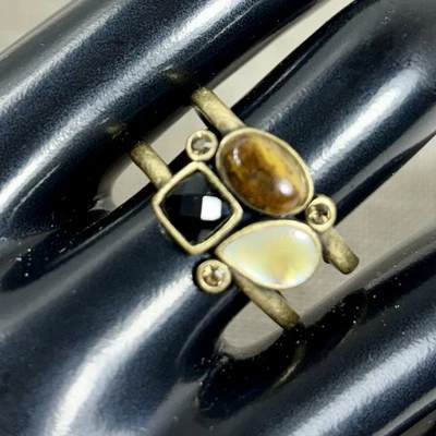 Lia Sophia "Dulce" Ring MOP, Tiger's Eye, Onyx Antique Brushed Gold Tone Size 9 - Image 1 of 4