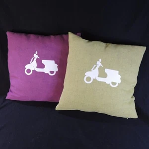 Vespa Scooter Themed Square Throw Pillow Set Pink and Green - Picture 1 of 7