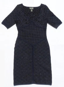 ZAC POSEN Navy Blue Black Metallic Jacquard Knit Short Sleeve V Sheath Dress M - Picture 1 of 12