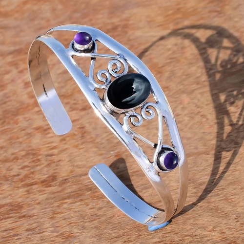 VALENTINO Braccialetto Pietra Preziosa Onice Nero & Ametista Argento Sterling 925 Ultimo Stile