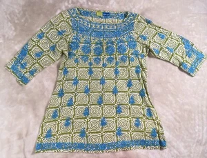 Swim Coverup Haute Latitude Tunic Top SM Women Embroidered V Neck Turquoise Lime - Picture 1 of 12