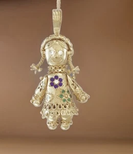 9ct Yellow Gold Ragdoll Pendant in 10g Coloured Gemstones Moveable Drop HM - Picture 1 of 4