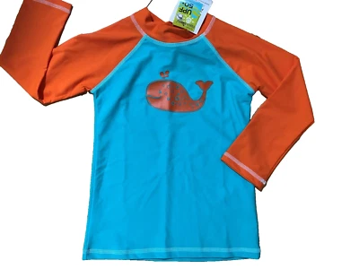 NWT ORIGINAL FLAP HAPPY Rashguard Beach Top Orange & Aqua W/WHALE  8 Boy UPF 50+ - Image 1 of 4