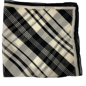 Vtg 60 70's Echo MoD Black White Stripe Plaid RETRO CHIC Chiffon Silk Scarf Wrap - Picture 1 of 3