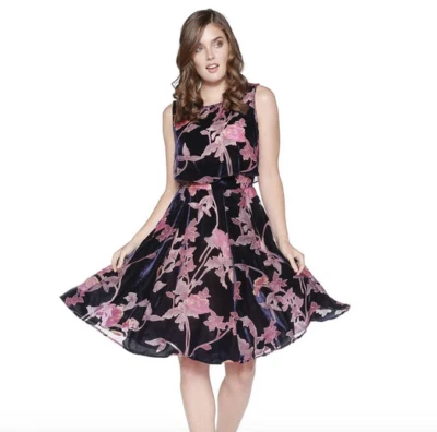 Eva Franco Orchid Floral Navy Purple Burnout Devore Velvet Baba Cocktail Dress 8 - Image 1 of 4