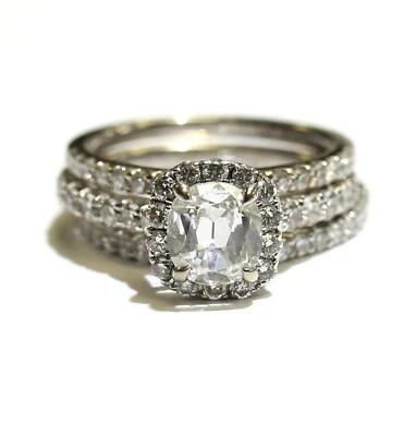 GIA 14k white gold 2.20ct cushion halo diamond engagement wedding ring 5.8g set - Image 1 of 4
