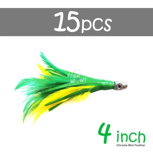 15pcs Yellow Green 4" mini tuna feather 1/2oz Bullet chrome Head squid Fish lure - Picture 1 of 4