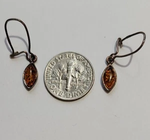 Vintage Dainty Marquise Cut Amber Sterling Silver Wire Latch Hook Earrings - Picture 1 of 7
